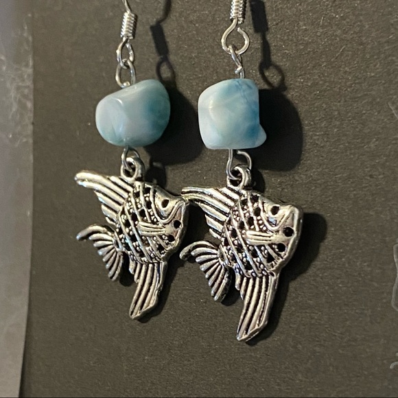 Silver & Blue Angel Fish & Larimar Bead Beachy Earrings - Picture 2 of 4